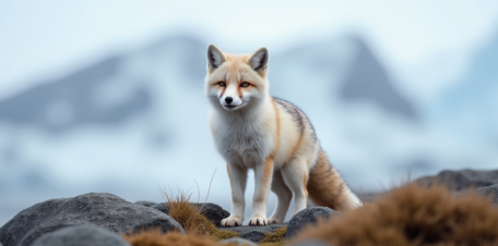 Renard arctique en mue sur la toundra gelée