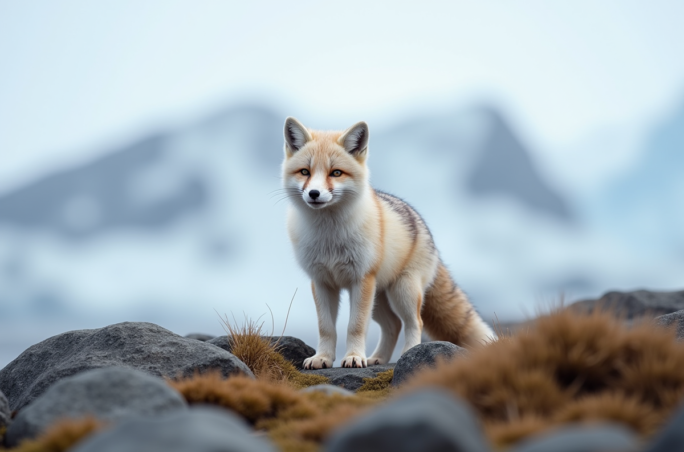 Renard arctique en mue sur la toundra gelée