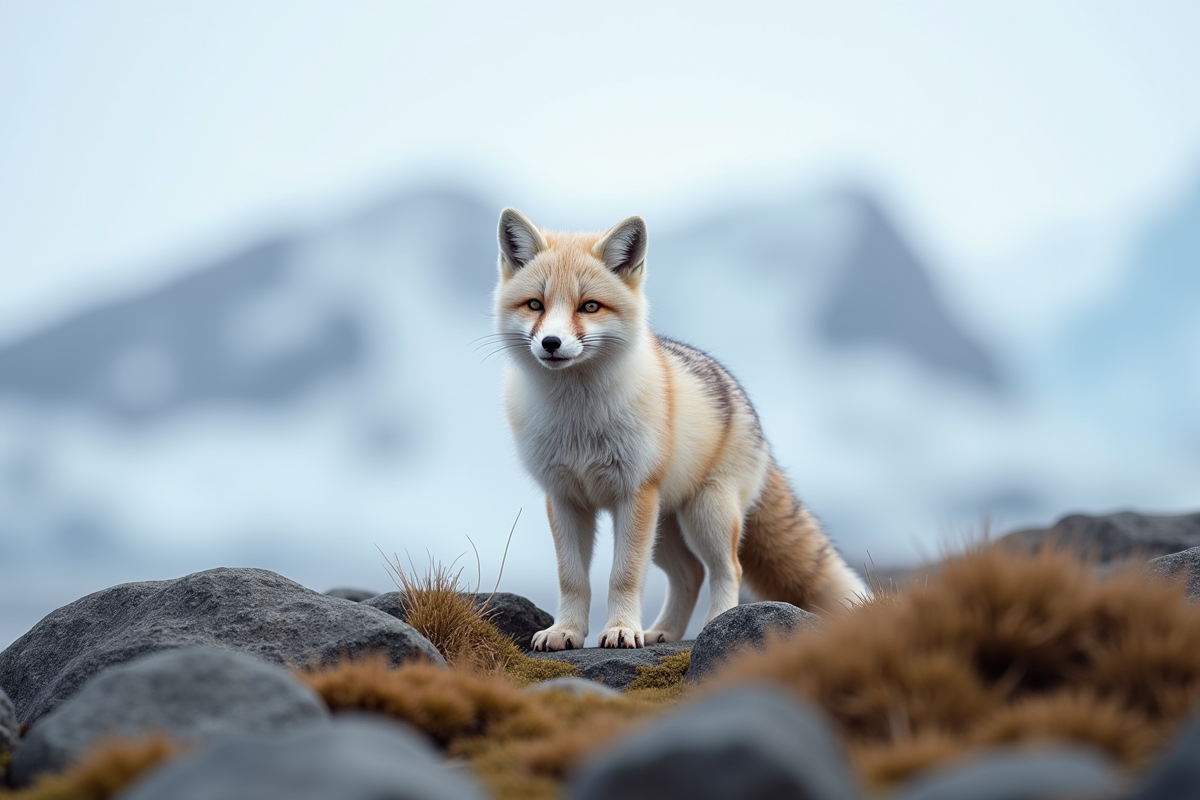 Renard arctique en mue sur la toundra gelée