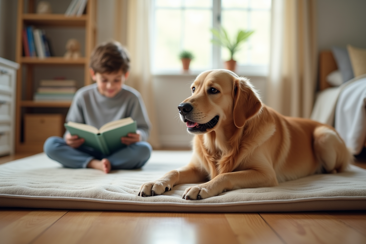 Chien retriever allongé près d