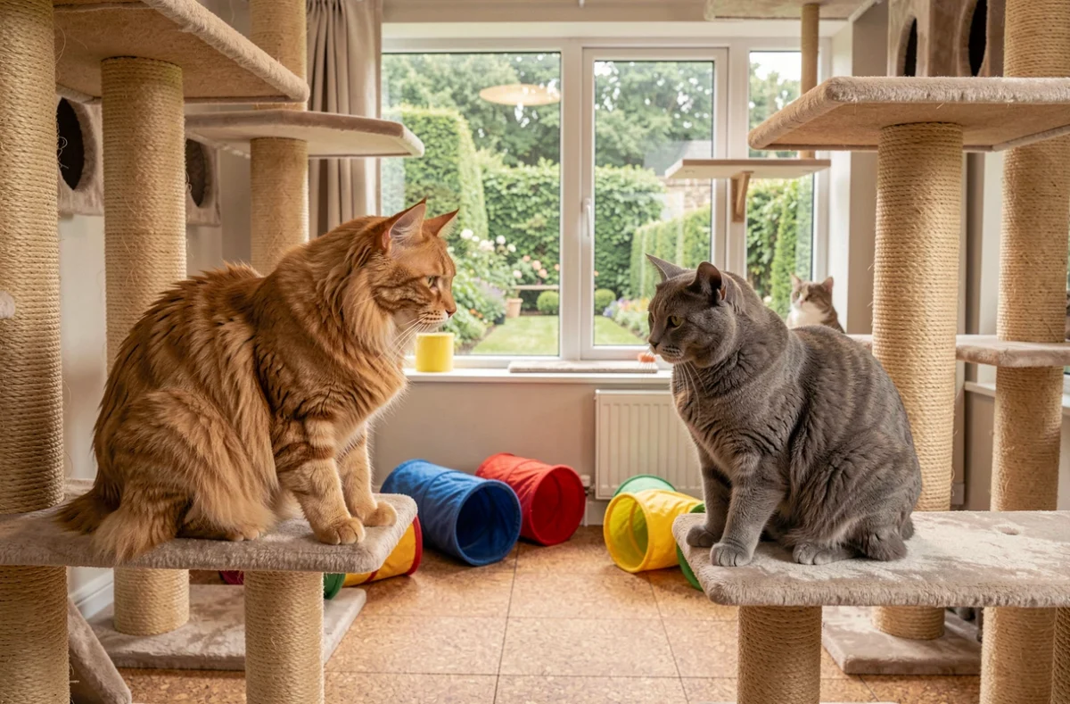 Deux chats Maine Coon et British Shorthair jouant dans la salle commune d'une pension haut de gamme en Normandie