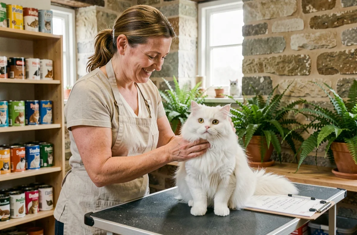 Soignante d'une pension pour chats en Normandie câlinant un chat persan blanc lors d'une séance de toilettage