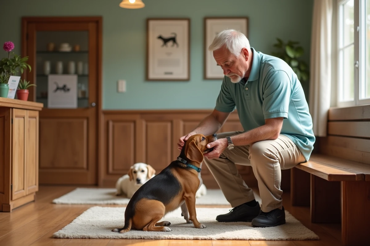 Soigneur nourrissant un petit beagle dans pension pour chiens