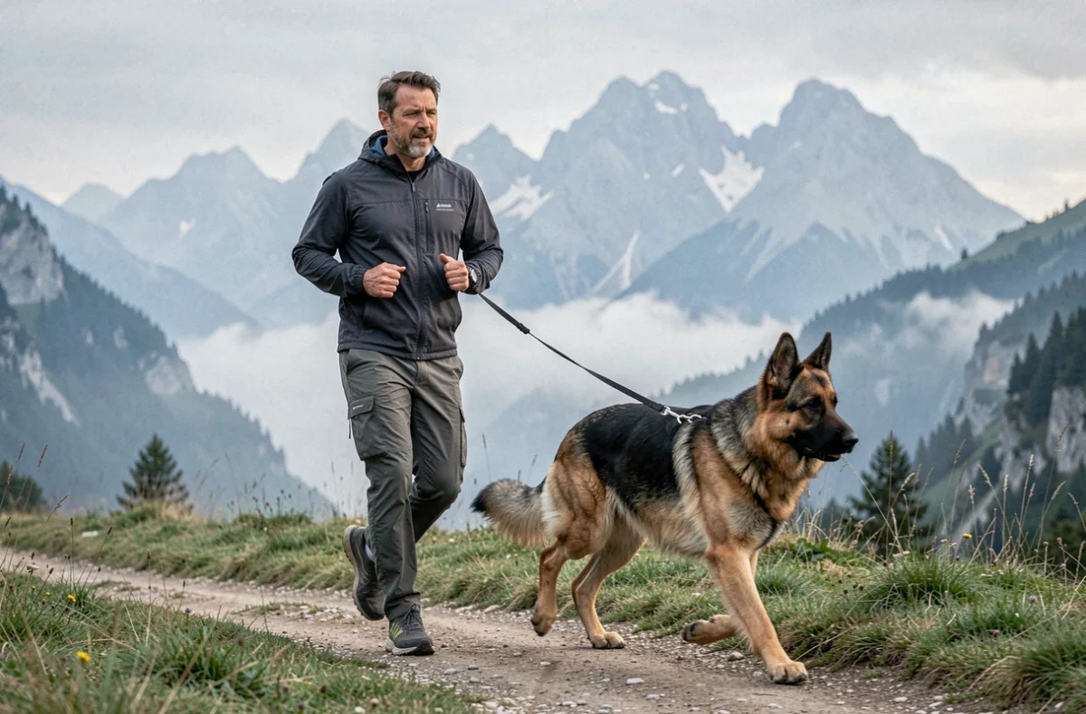 Éducateur canin de Sport Éducation Canine de Vizille courant avec un berger belge sur un sentier de montagne en Isère