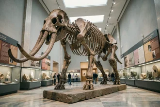 Squelette de mammouth laineux exposé dans un musée d'histoire naturelle illustrant la disparition des mammouths