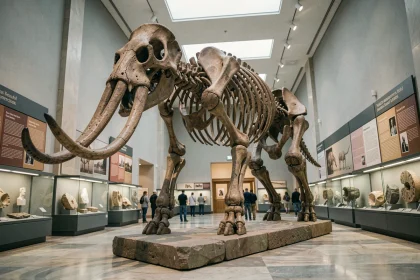 Squelette de mammouth laineux exposé dans un musée d'histoire naturelle illustrant la disparition des mammouths