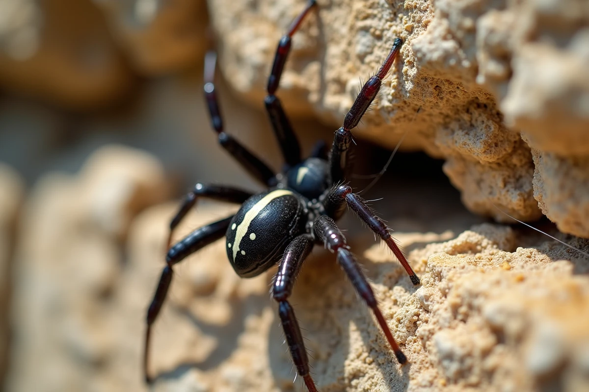Araignée Steatoda paykulliana sur un vieux mur en pierre d'une ferme provençale, avec sa toile irrégulière entre les pierres calcaires