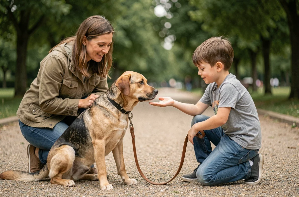 Adulte supervisant un enfant qui offre une friandise à un croisé Labrador Malinois en laisse dans un parc