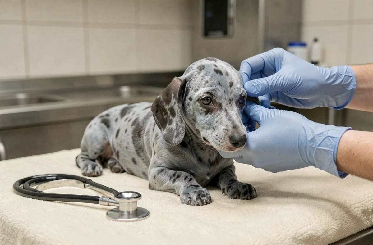 Chiot teckel arlequin bleu examiné par un vétérinaire sur une table d'examen, illustrant les précautions de santé liées à la race