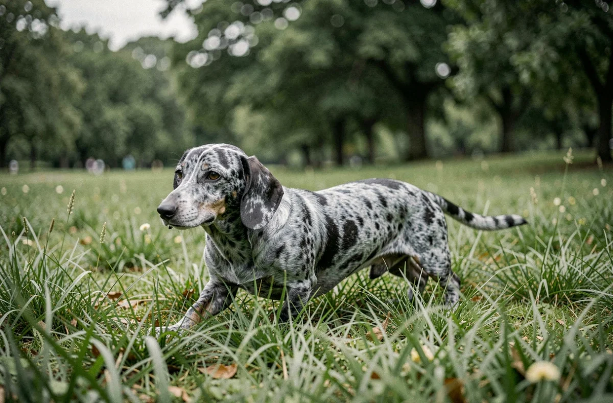 Teckel arlequin bleu en plein air dans un parc verdoyant, son pelage moucheté bleu et noir contrastant avec l'herbe verte