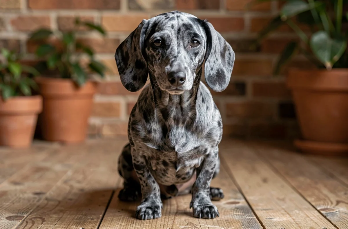 Teckel arlequin bleu assis sur un plancher en bois rustique, montrant son pelage moucheté bleu-gris distinctif
