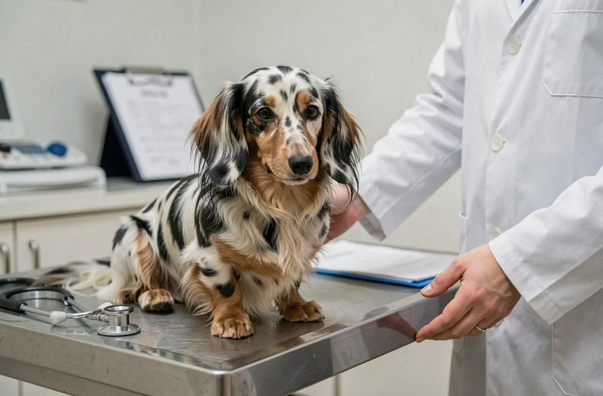 Teckel miniature poil long arlequin lors d'une consultation vétérinaire, illustrant les coûts de santé liés à la possession de ce chien