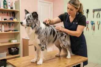 Toilettage professionnel d'un Border Collie Bleu Merle sur une table de toilettage en bois, avec une toiletteuse utilisant une brosse slicker pour démêler le pelage marbré