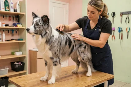 Toilettage professionnel d'un Border Collie Bleu Merle sur une table de toilettage en bois, avec une toiletteuse utilisant une brosse slicker pour démêler le pelage marbré