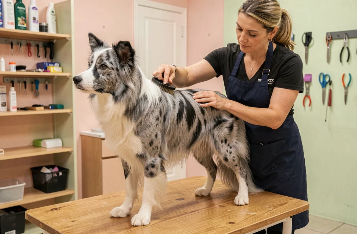 Toilettage professionnel d'un Border Collie Bleu Merle sur une table de toilettage en bois, avec une toiletteuse utilisant une brosse slicker pour démêler le pelage marbré