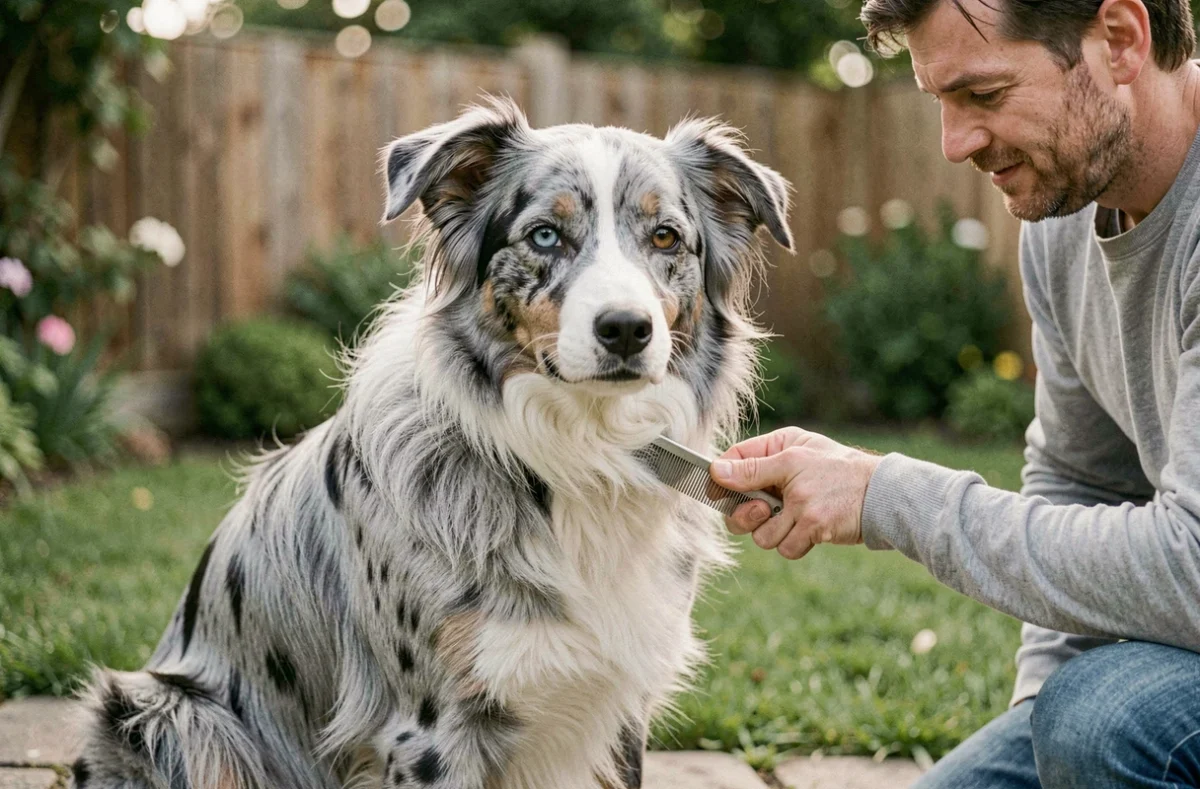 Homme toilettant son Border Collie Bleu Merle à l'extérieur dans un jardin, peignant délicatement le pelage épais et marbré du chien assis sur une pierre