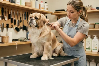 Femme qui démêle délicatement le pelage long d'un bouledogue français lors d'une séance de toilettage à domicile