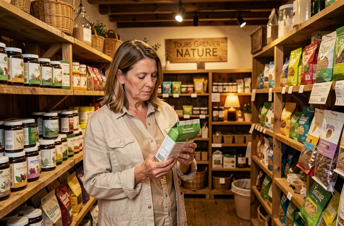 Intérieur du magasin Tours Grenier Nature avec une cliente lisant l'étiquette d'un produit bio pour animaux dans un cadre chaleureux en bois