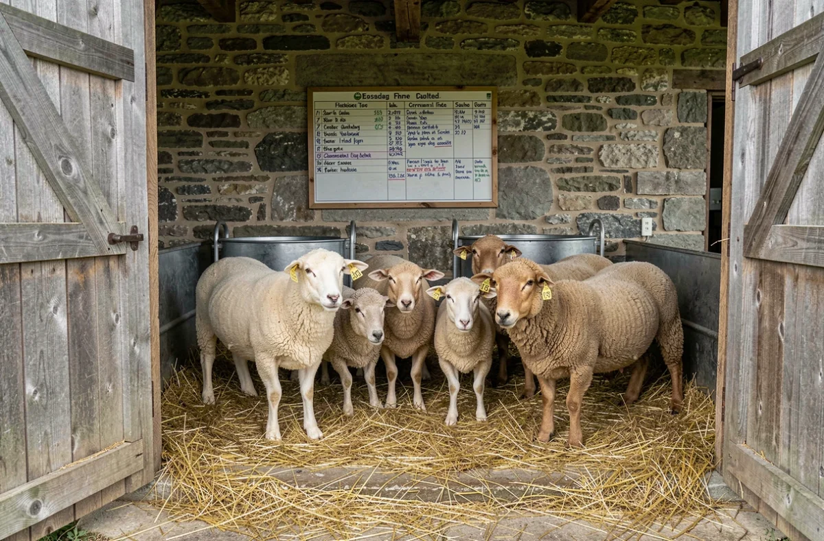 Troupeau de moutons en bonne santé dans une bergerie propre et bien entretenue, signe d'un élevage sérieux pour l'achat en ligne