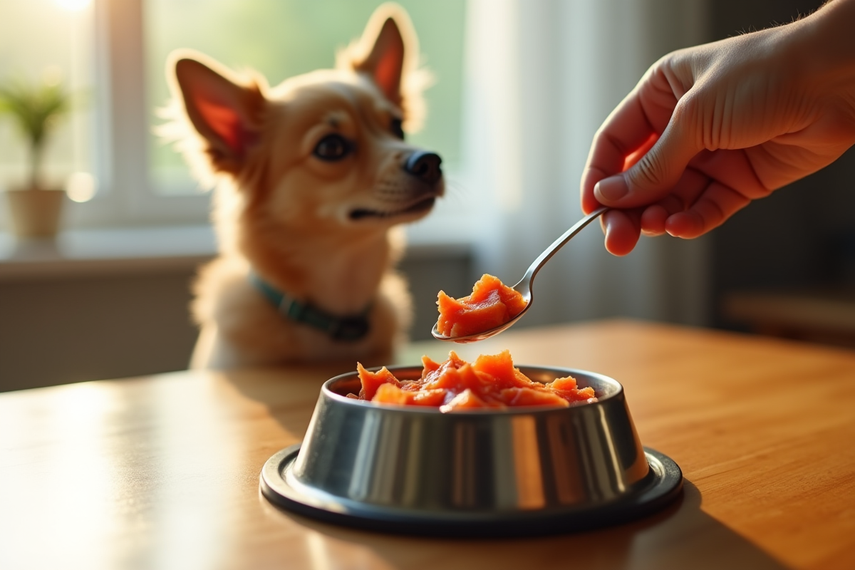 Conserve de tuna ouverte avec un chien curieux regardant attentivement