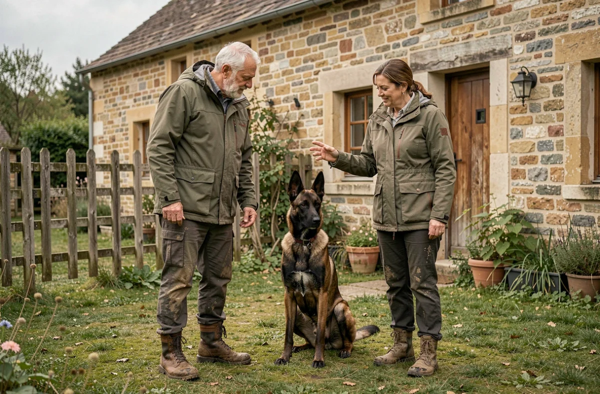 Valérie et François Lavore effectuant une séance d'éducation canine à domicile dans un jardin rural près de Saint-Régis-du-Coin