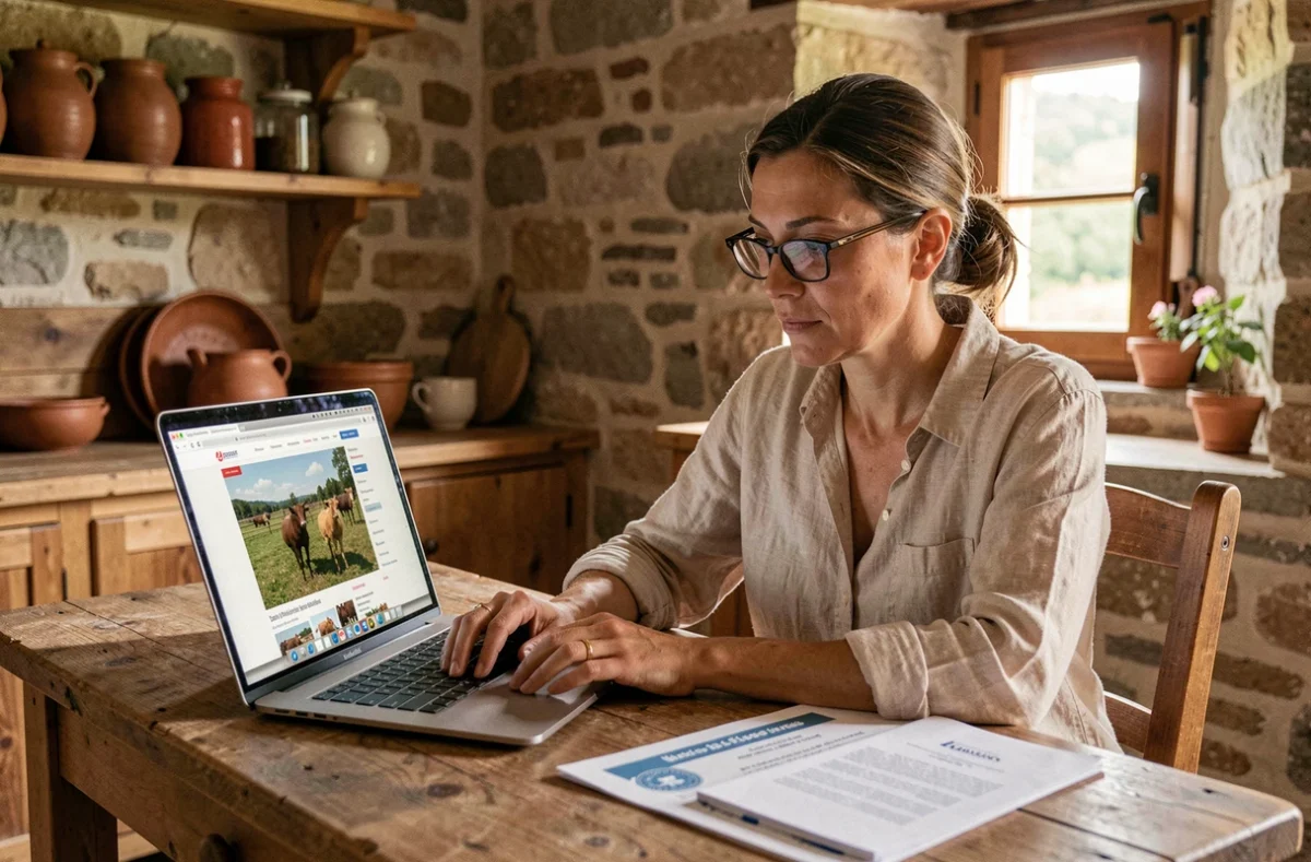 Acheteuse vérifiant les références d'un éleveur de moutons en ligne depuis une ferme, guide pour achat sécurisé