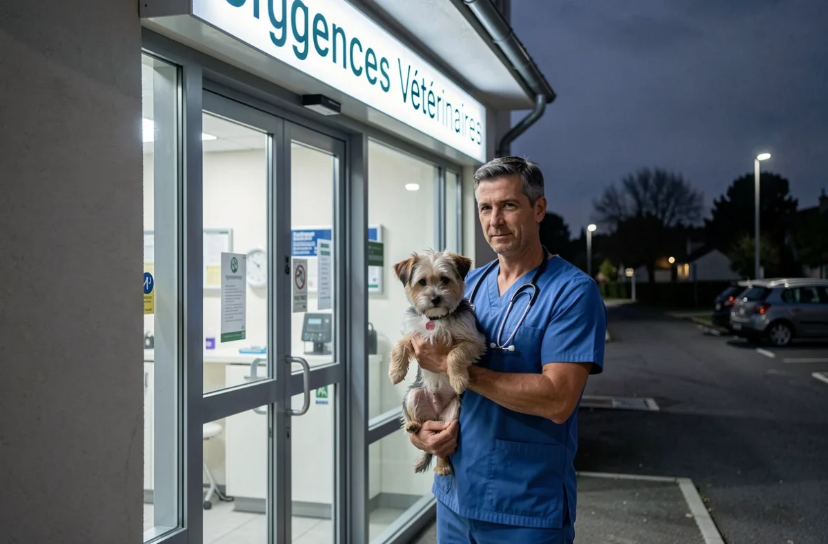Entrée d'une clinique vétérinaire d'urgence la nuit avec un vétérinaire tenant un petit chien