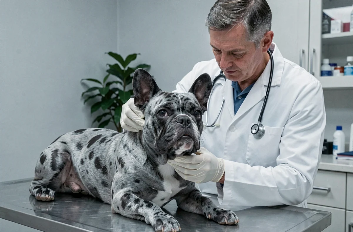 Vétérinaire examinant un bouledogue français à poils longs lors d'une consultation de contrôle de santé