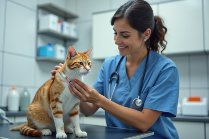 Vétérinaire en scrubs préparant une vaccination pour un chat