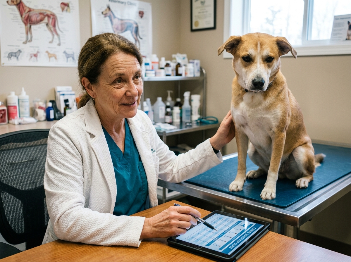 Vétérinaire expliquant les informations nutritionnelles sur une tablette à un propriétaire lors d'une consultation avec un chien sur la table d'examen