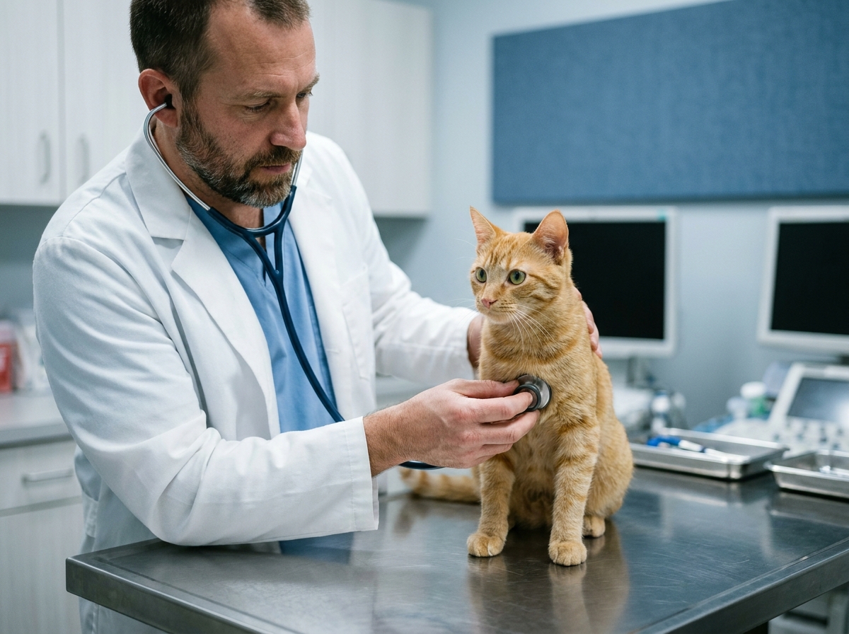 Vétérinaire examinant un chat roux lors d'une consultation médicale, représentant l'importance des soins vétérinaires et de l'assurance santé pour les chats