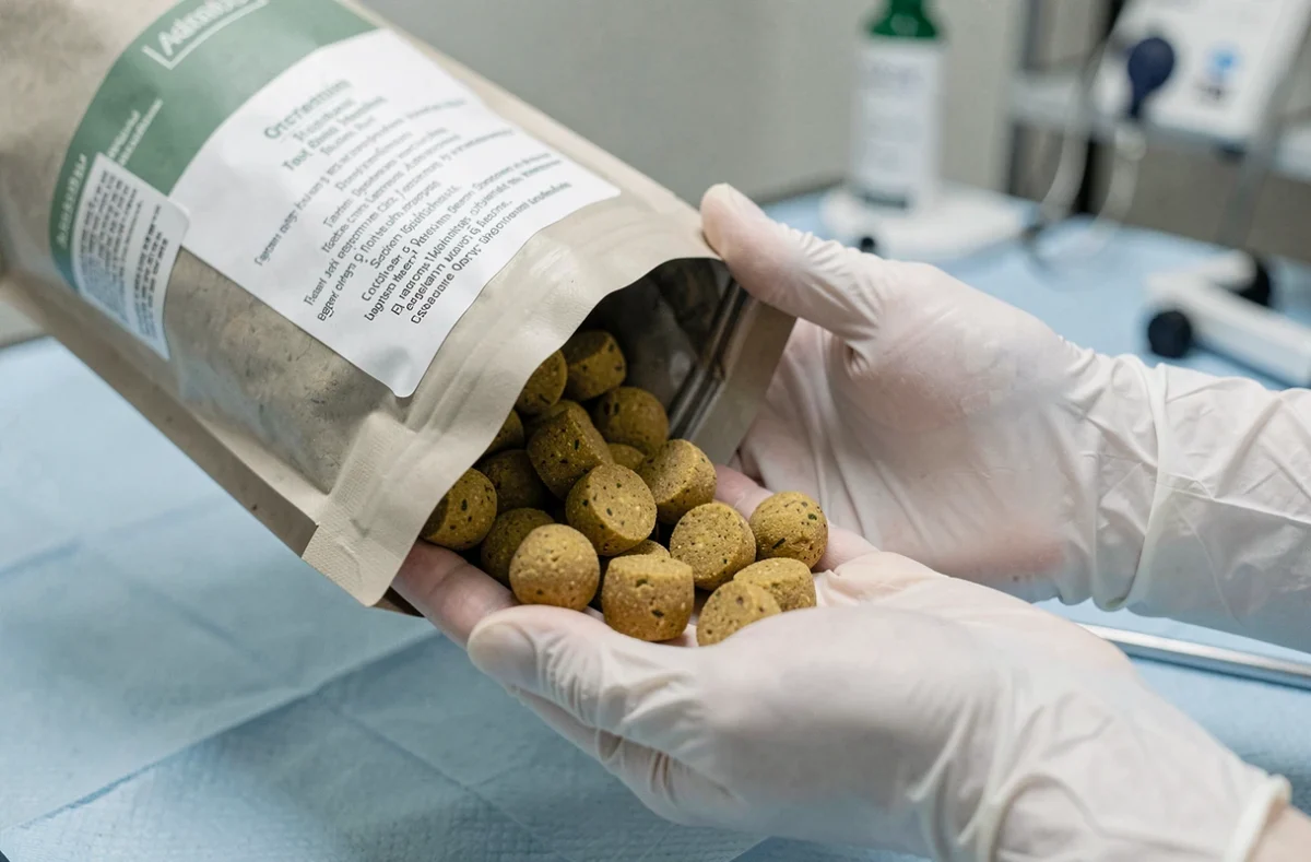 Mains de vétérinaire tenant des croquettes ultra premium pour chien allergique avec sac d'aliment visible en cabinet vétérinaire