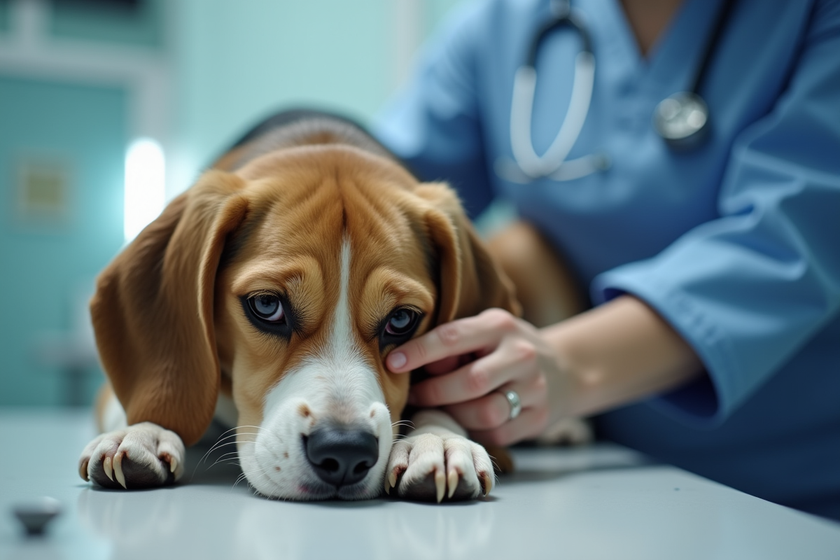 Vétérinaire examinant un beagle fatigué sur une table