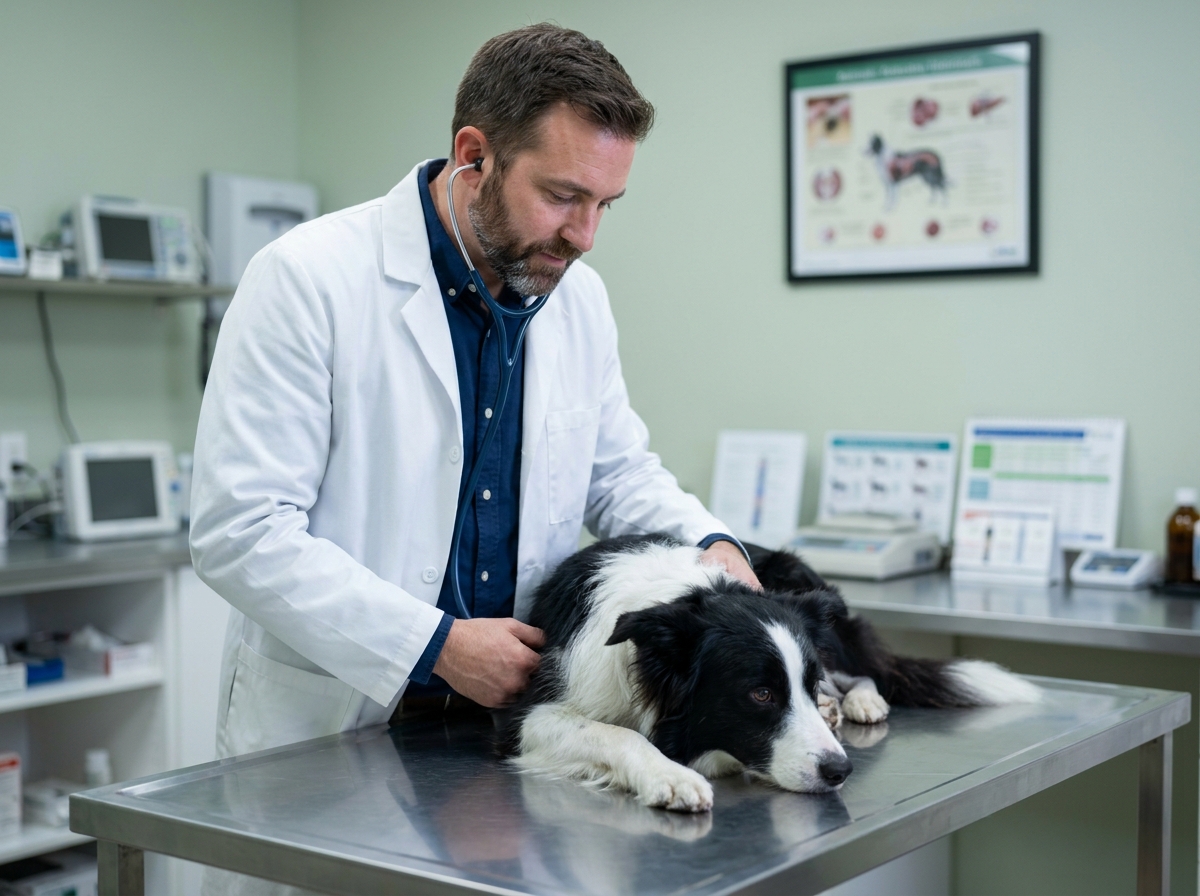 Vétérinaire examinant un border collie en clinique, contexte d'assurance santé animale