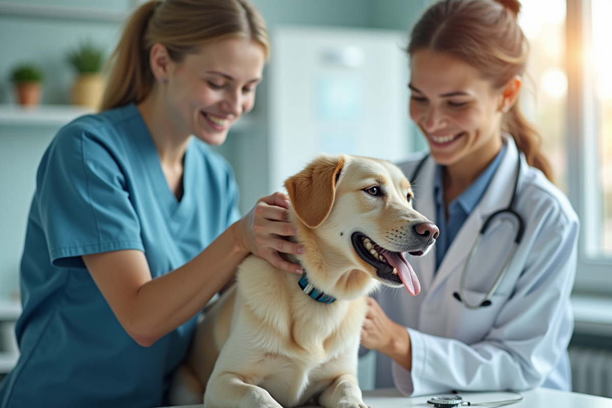 Vétérinaire examinant un chien dans une clinique moderne