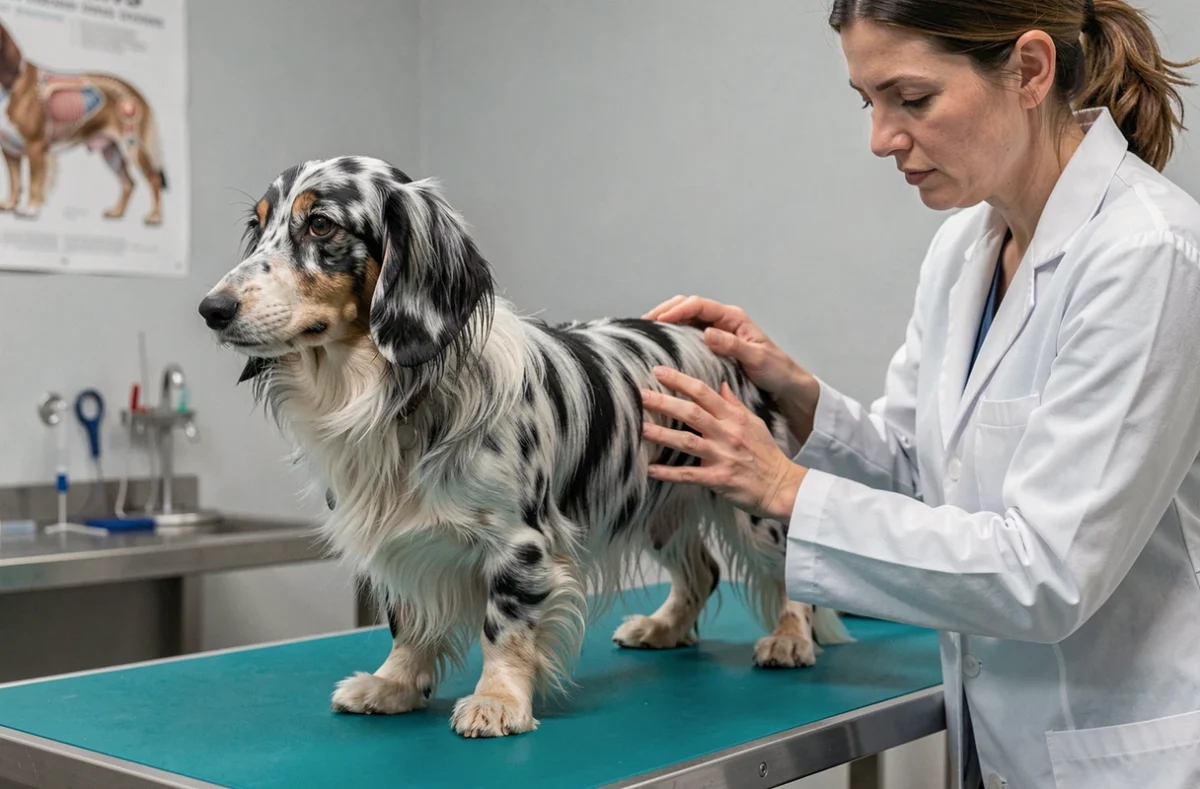Vétérinaire examinant la colonne vertébrale d'un teckel poils longs arlequin sur une table de consultation