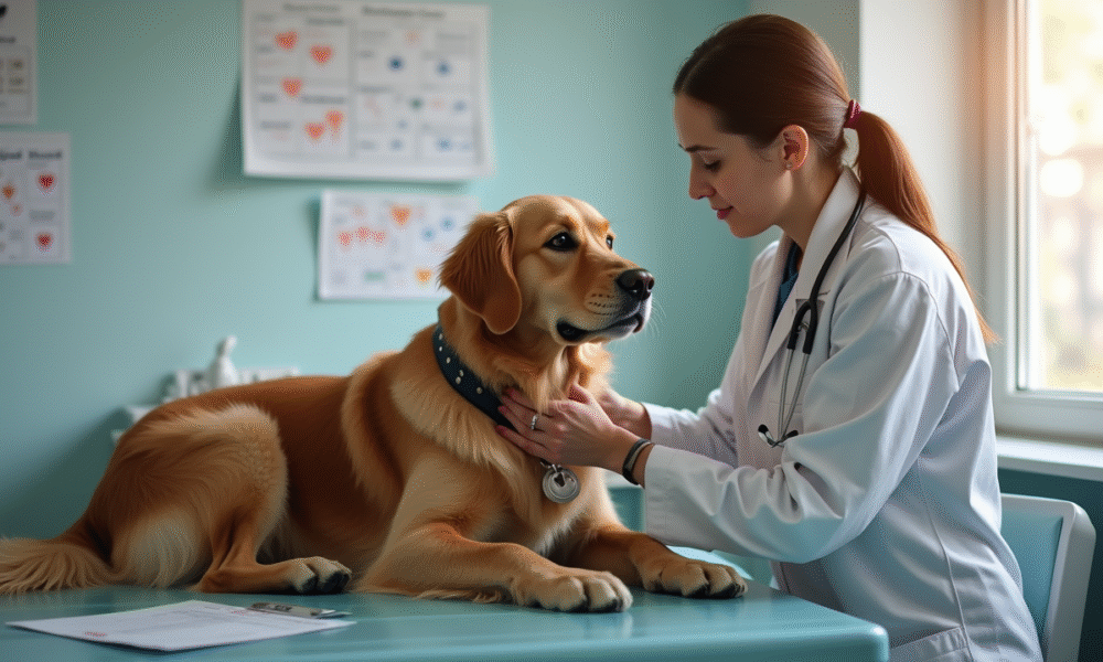 Vétérinaire réconfortant un retriever âgé dans un cabinet