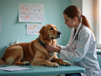 Vétérinaire réconfortant un retriever âgé dans un cabinet