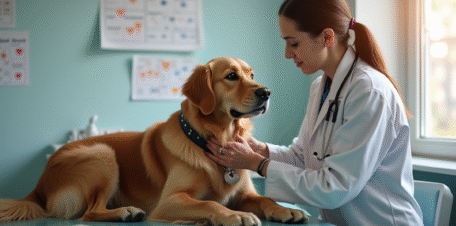 Vétérinaire réconfortant un retriever âgé dans un cabinet