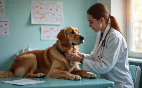 Vétérinaire réconfortant un retriever âgé dans un cabinet