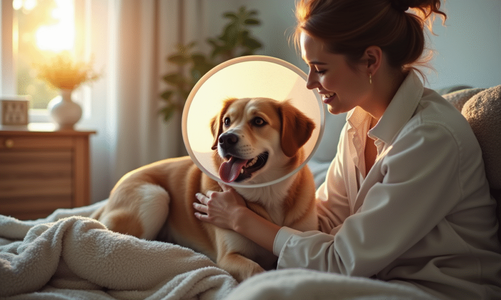 Femme réconforte son chien avec un plaid dans un salon