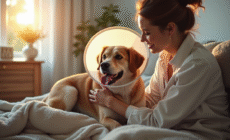 Femme réconforte son chien avec un plaid dans un salon