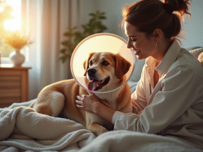 Femme réconforte son chien avec un plaid dans un salon