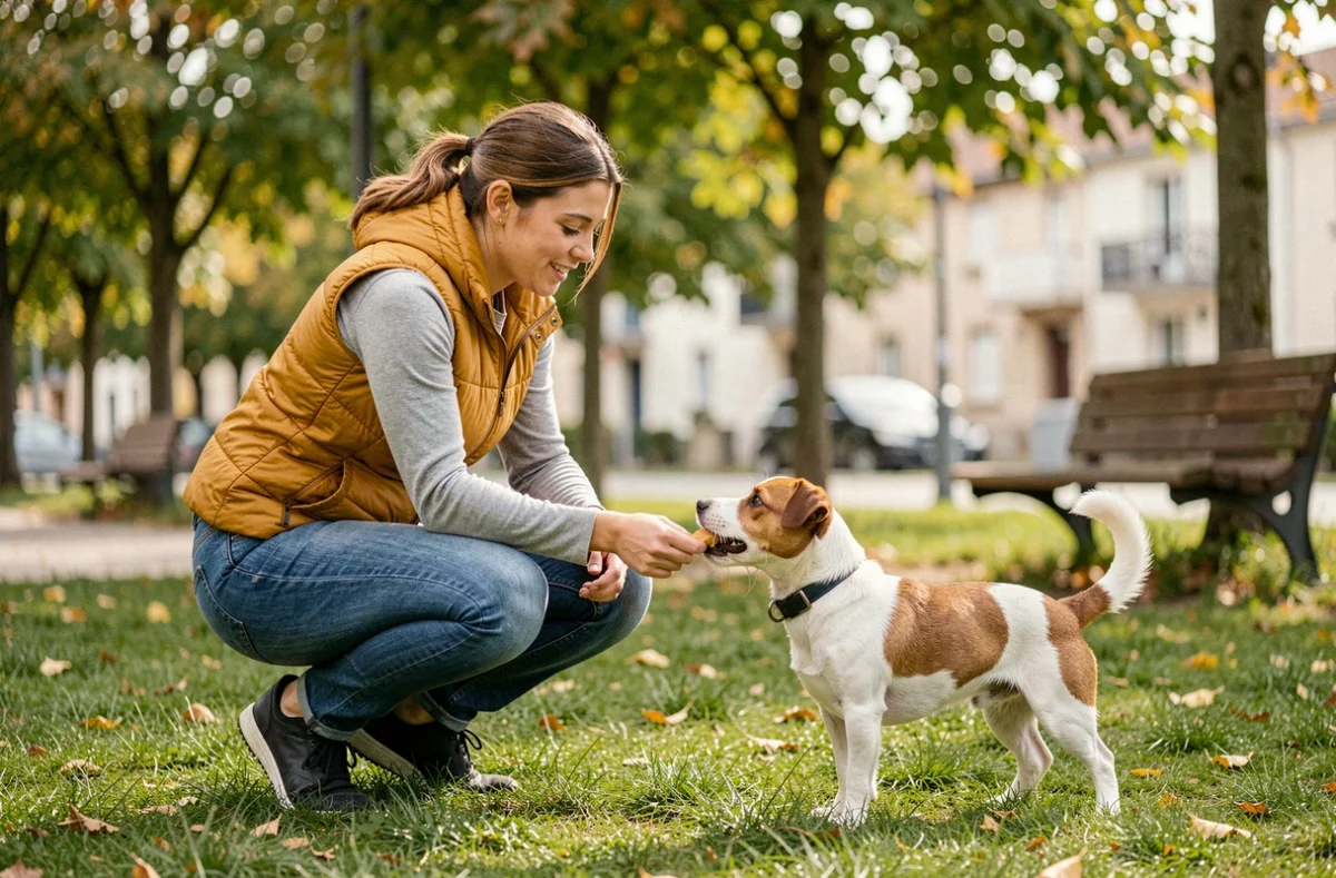 Éducatrice de Y Mettre du Chien récompensant un Jack Russell avec une friandise dans un parc de Décines-Charpieu